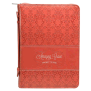 124127X: Amazing Grace Bible Cover, Lux-Leather, Coral, Large
