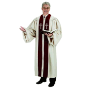 134255: Ivory Pulpit Robe with Burgundy Velvet & Ivory Cross Embroidery, 57 in.
