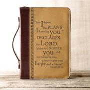 0130029: For I Know the Plans I Have For You Bible Cover, LuxLeather, Burgundy and Tan, X-Large