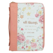 0131804: He Works All Things For the Good Bible Cover, Lux Leather, Floral, Large