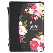 26799XL: Love Never Fails Floral Bible Cover, Black, X-Large